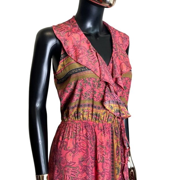 Raga Pink Boho Paisley Ruffle Midi Dress – Sleeveless Tie Waist SP - Picture 8 of 13